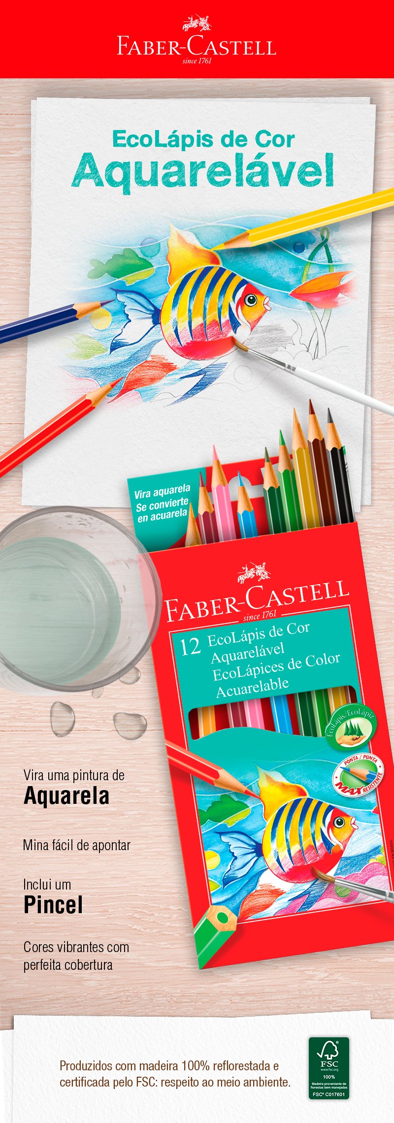 Lápis de Cor 12 Cores Aquarela + Pincel Faber-Castell