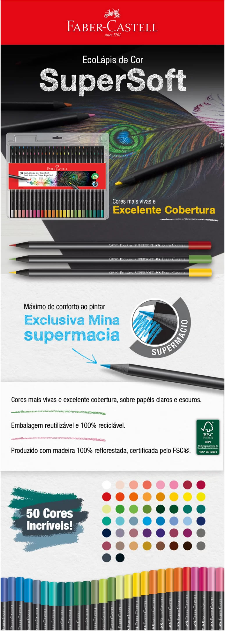 Lápis de Cor Faber-Castell 50 Cores Supersoft