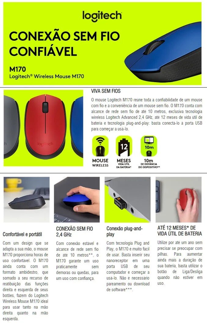 Mouse Logitech Wireless M170 Vermelho