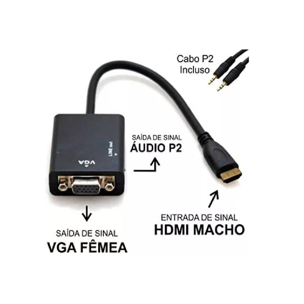 Cabo Adaptador MD9 15Cm HDMI Macho Para VGA Fêmea Áudio P2 9345