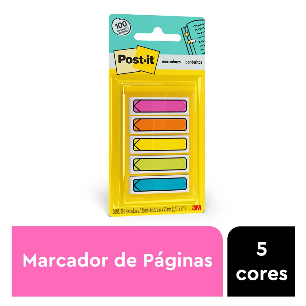 Marcador de Página Adesivo Post-it® Flags Setas 5 Cores Neon 11,9mm x 43,2mm 100 Fls