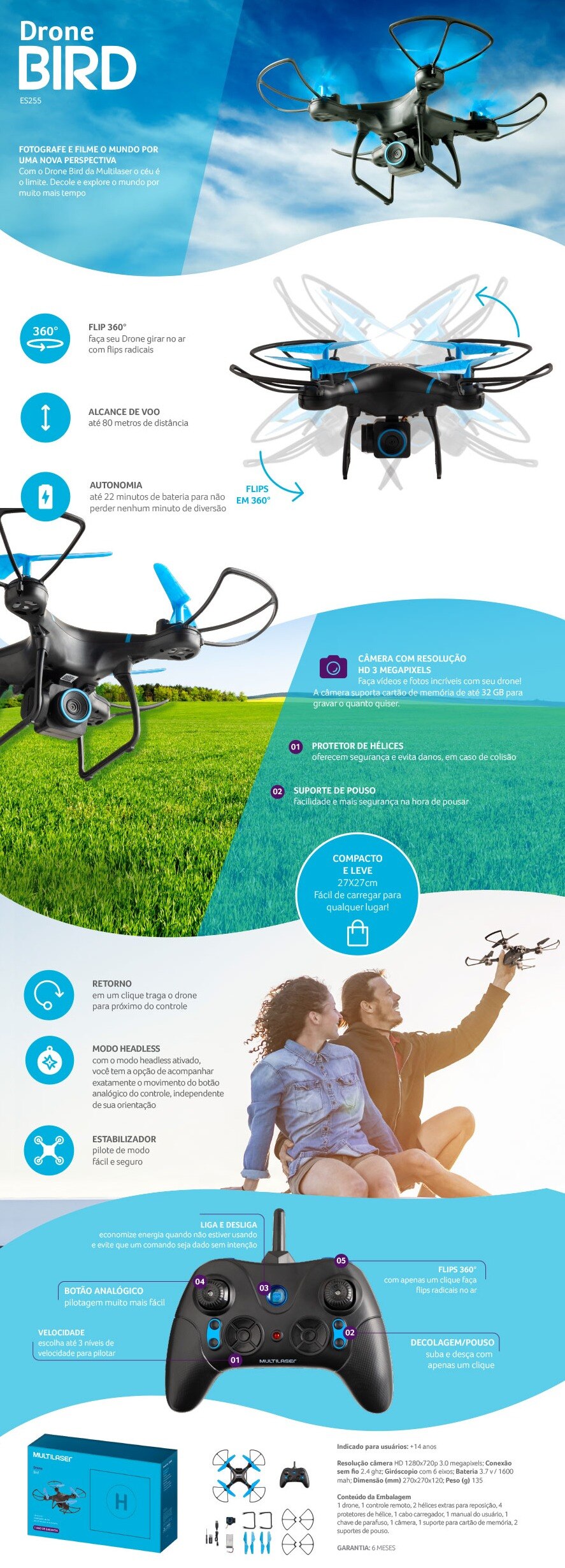 Drone Bird Câmera HD 80m 22 ES255 Multilaser