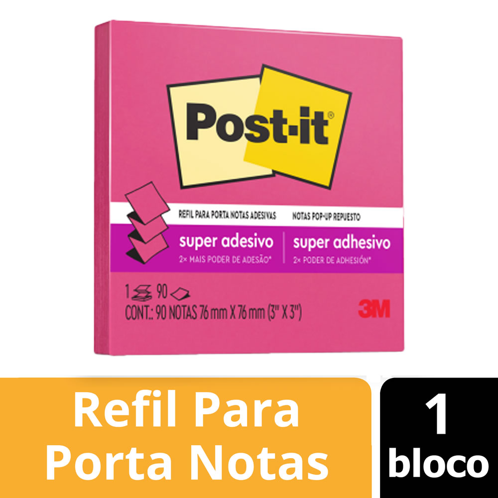 Bloco de Notas Super Adesivas Post-it® Refil Rosa Neon 76mm x 76mm 90 Fls