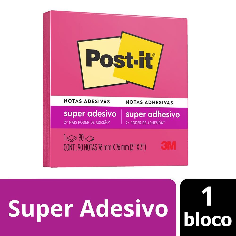 Bloco de Notas Super Adesivas Post-it® Pink Neon 76mm x 76mm 90 Fls
