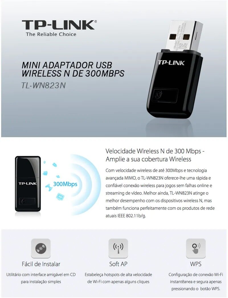 Adaptador USB Wireless N300 TL-WN823N TP-Link