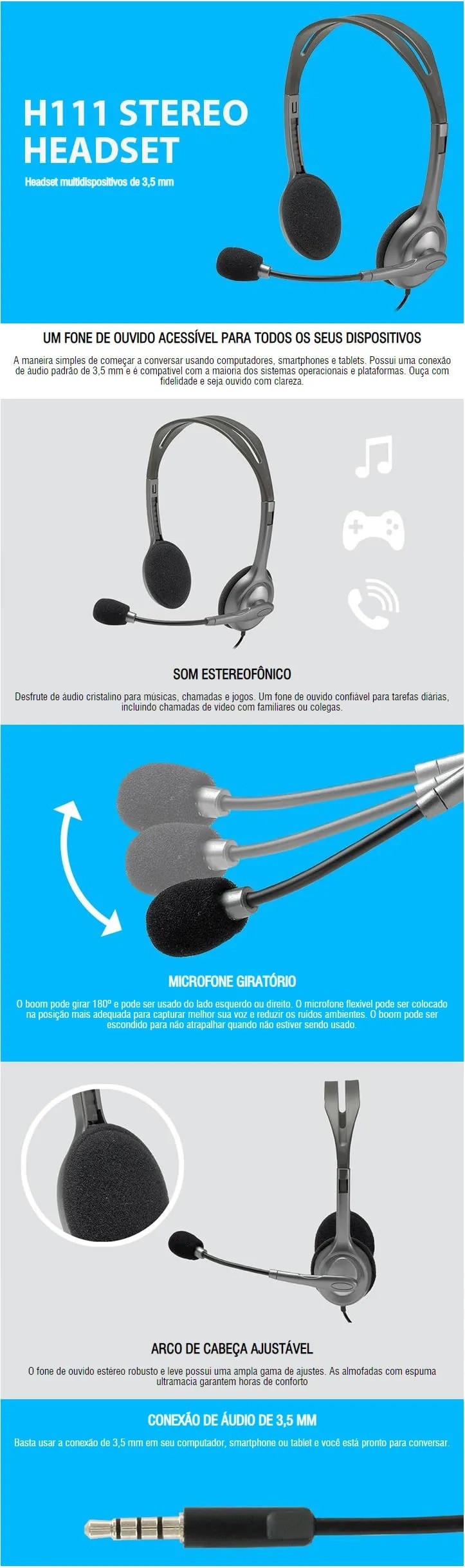 Fone Headset Logitech Com Microfone H111