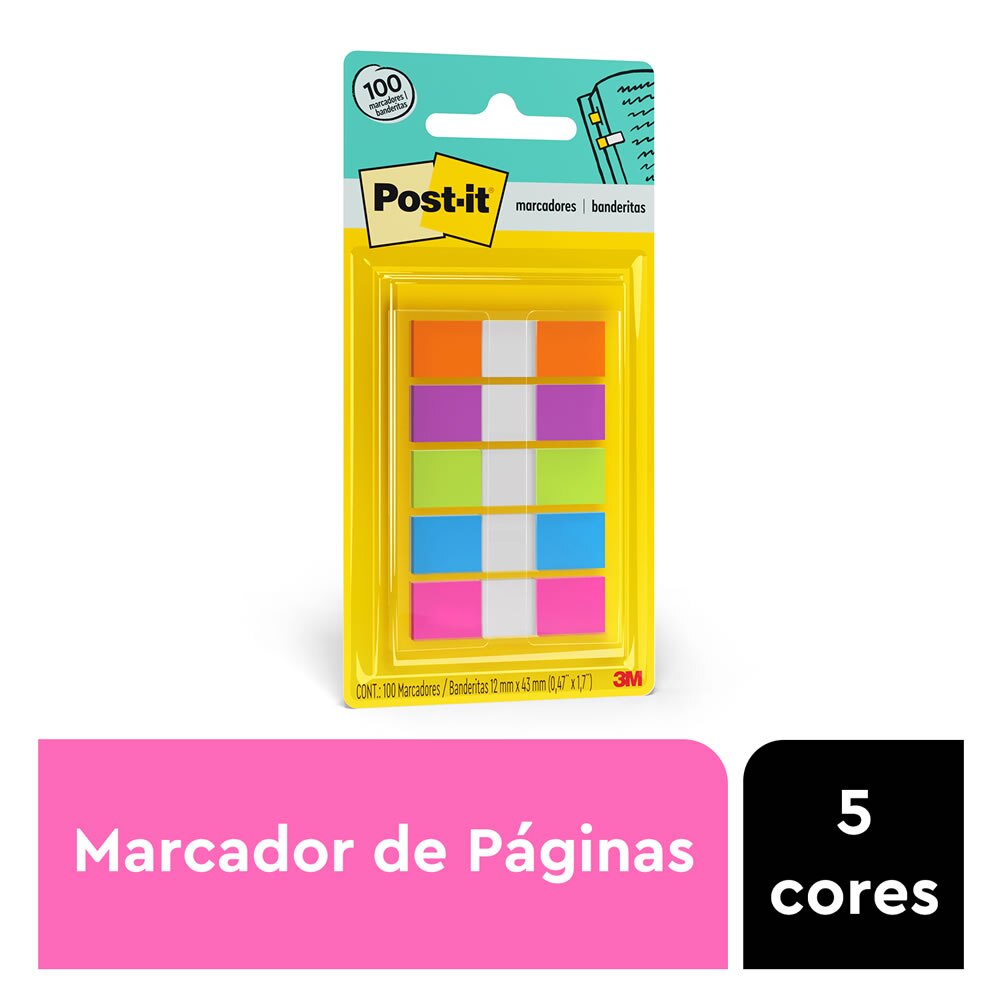 Marcador de Página Adesivo Post-it® Flags 5 Cores Neon 11,9mm x 43,2mm 100 Fls