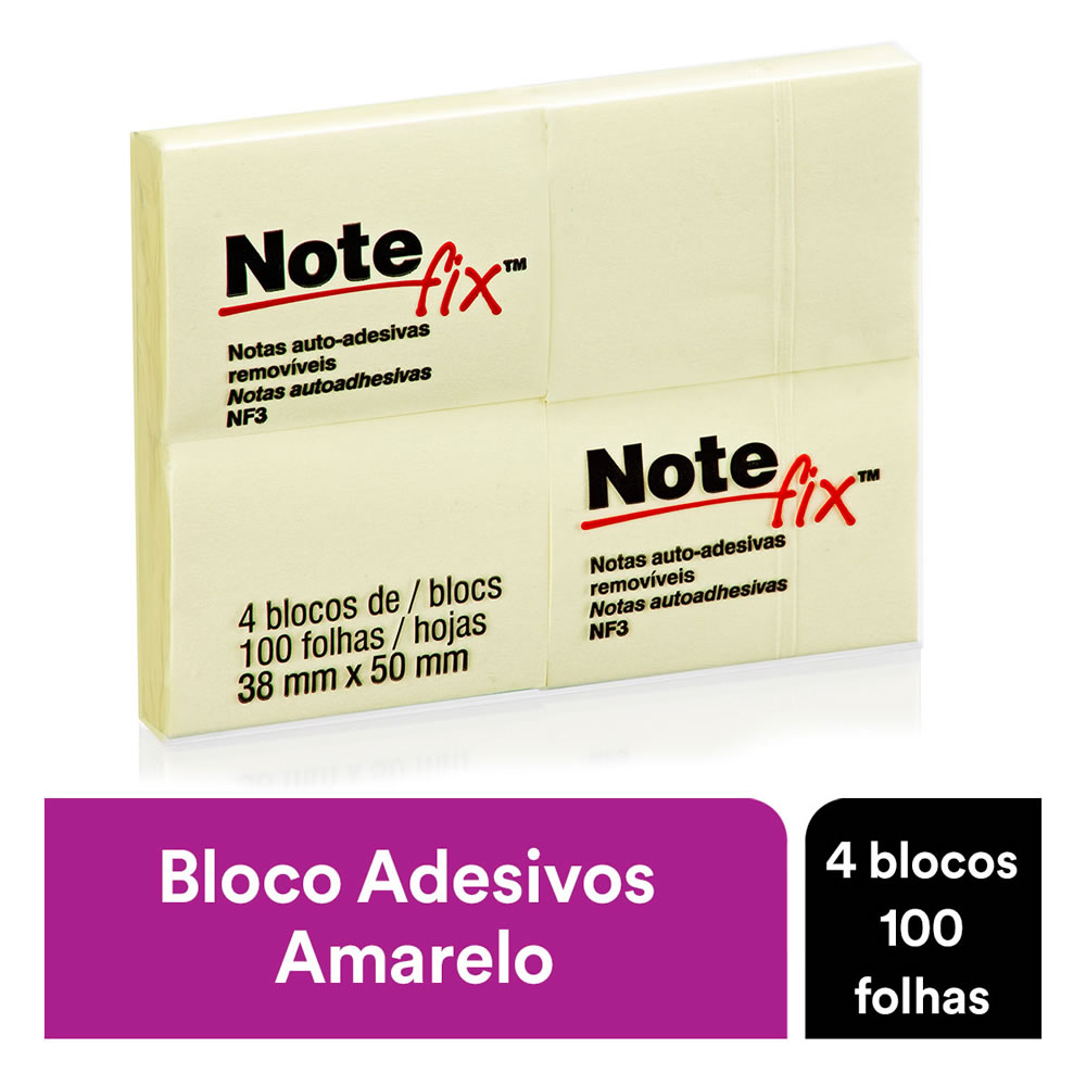 Bloco Adesivo Notefix Amarelo 38mm x 50mm 4 Blocos 100 Fls