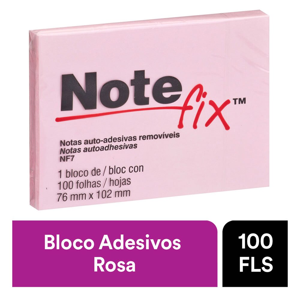 Bloco Adesivo Notefix Rosa 76mm x 102mm 100 Folhas