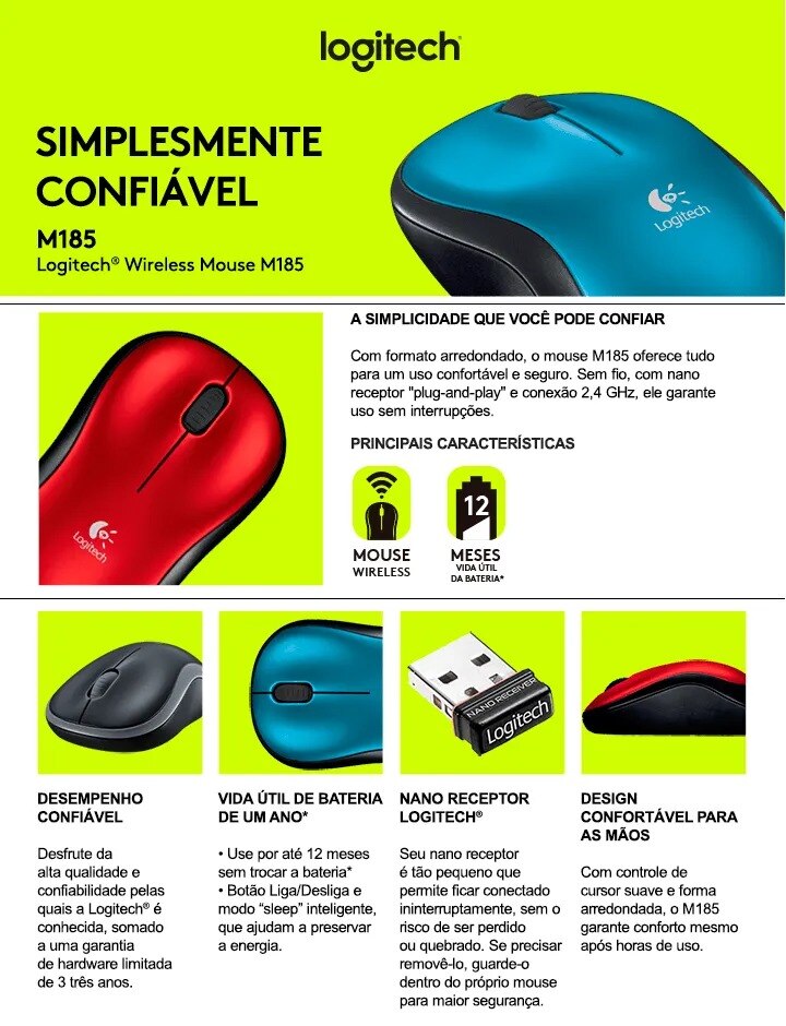 Mouse Mini Sem Fio RC Nano M185 Azul Logitech