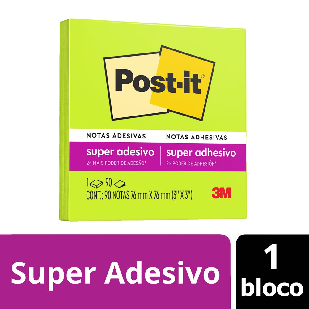 Bloco de Notas Super Adesivas Post-it® Verde Neon 76mm x 76mm 90 Fls