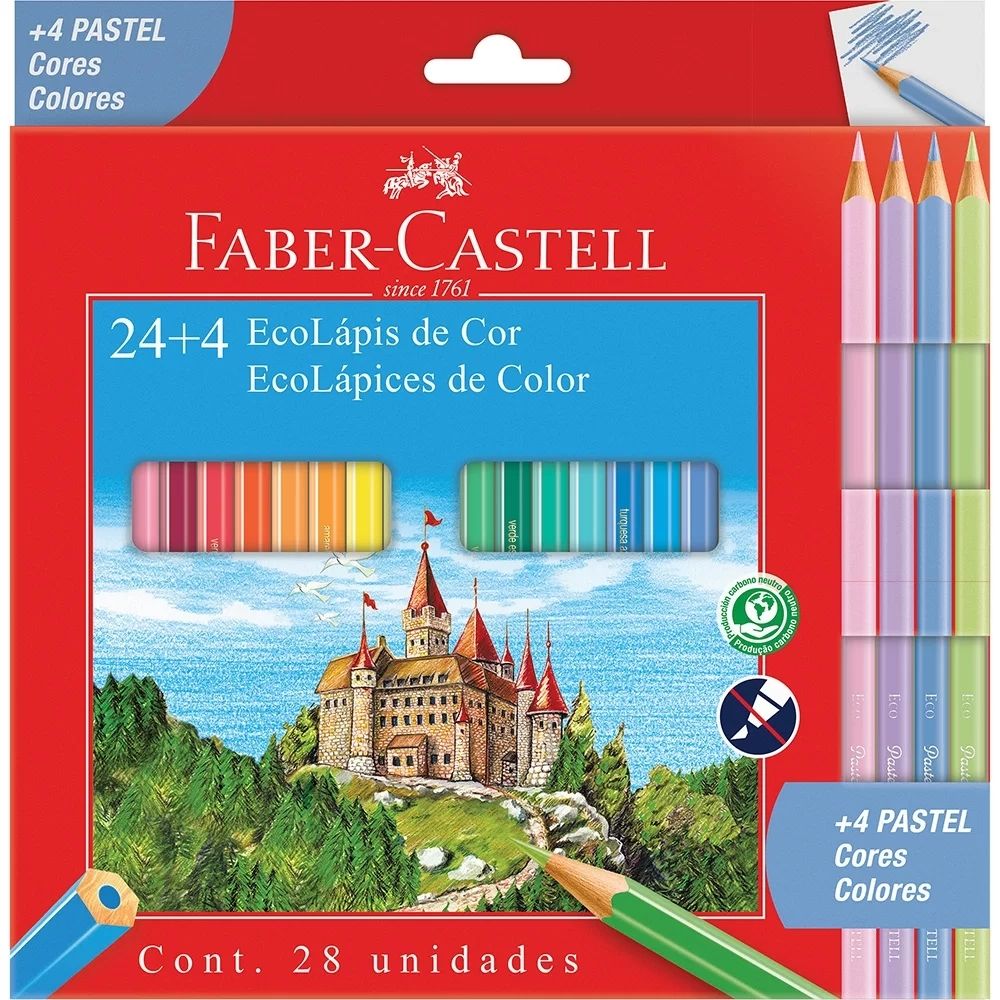 Lápis de Cor 24 Cores + 4 Tons Pastel Sextavado Faber-Castell