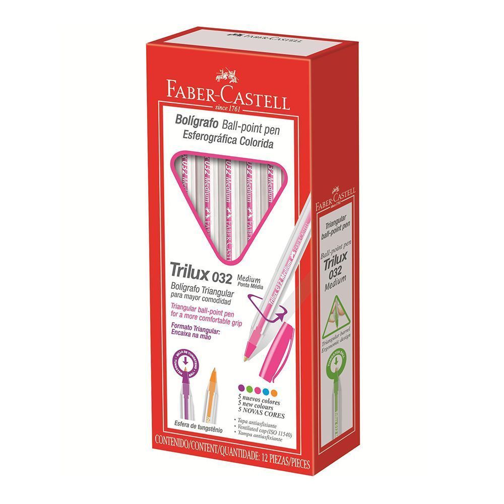 Caneta Esferográfica Faber-Castell Trilux Colors 12 Un. Rosa