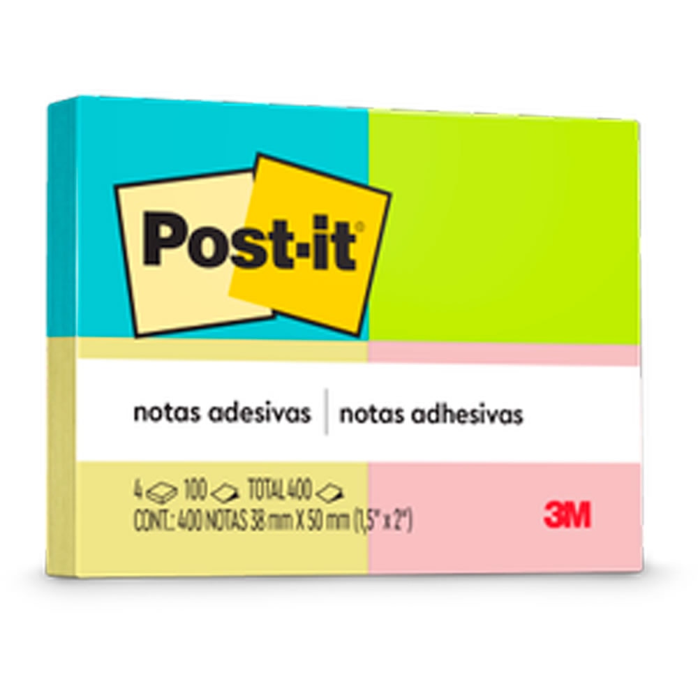 Blocos de Notas Adesivas Post-it® Neon 4 Cores 4 Blocos 38mm x 50mm 100 Folhas