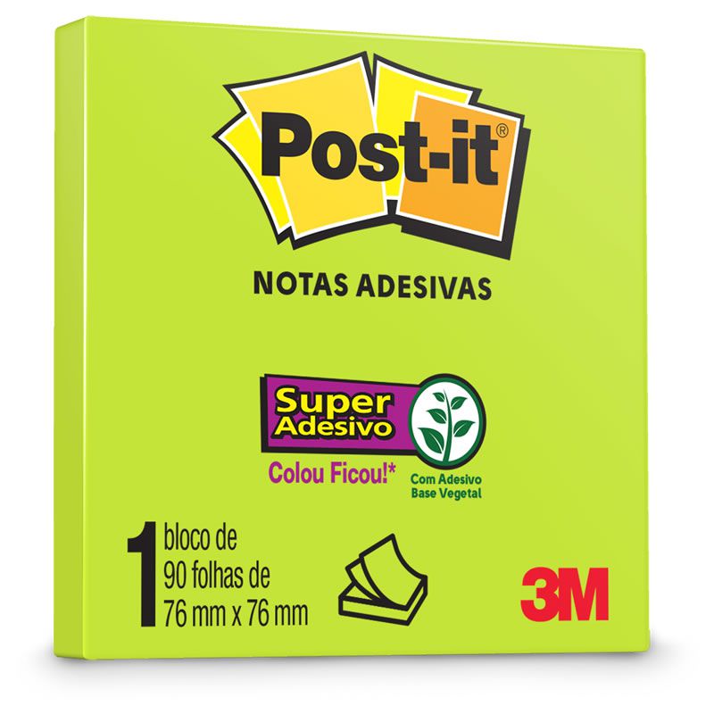 Bloco de Notas Super Adesivas Post-it® Verde Neon 76mm x 76mm 90 Fls