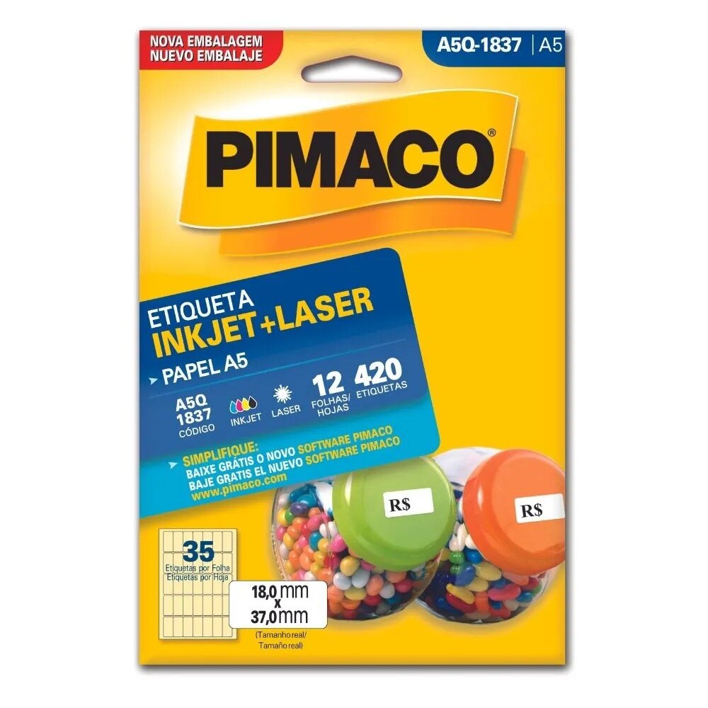 Etiqueta Pimaco Laser 420 Unidades 12 Folhas 18X37mm A5Q-1837