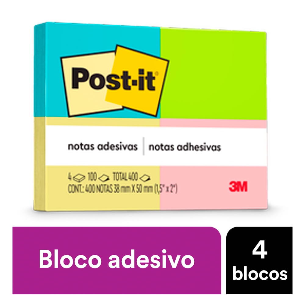 Blocos de Notas Adesivas Post-it® Neon 4 Cores 4 Blocos 38mm x 50mm 100 Folhas